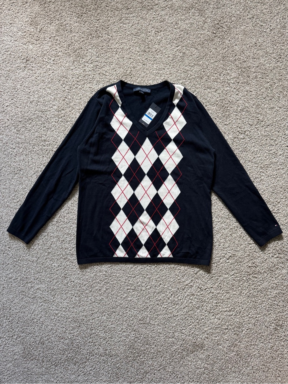 NWT Tommy Hilfiger Men V-Neck Argyle Sweater Navy Blue White Red XL
